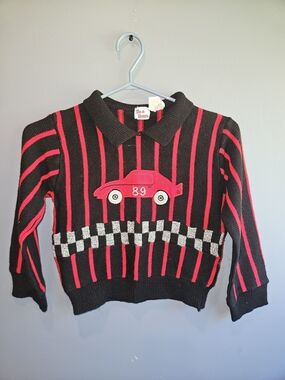 Vintage Kids Black & Red Striped Sweater with Red Car Appliqué